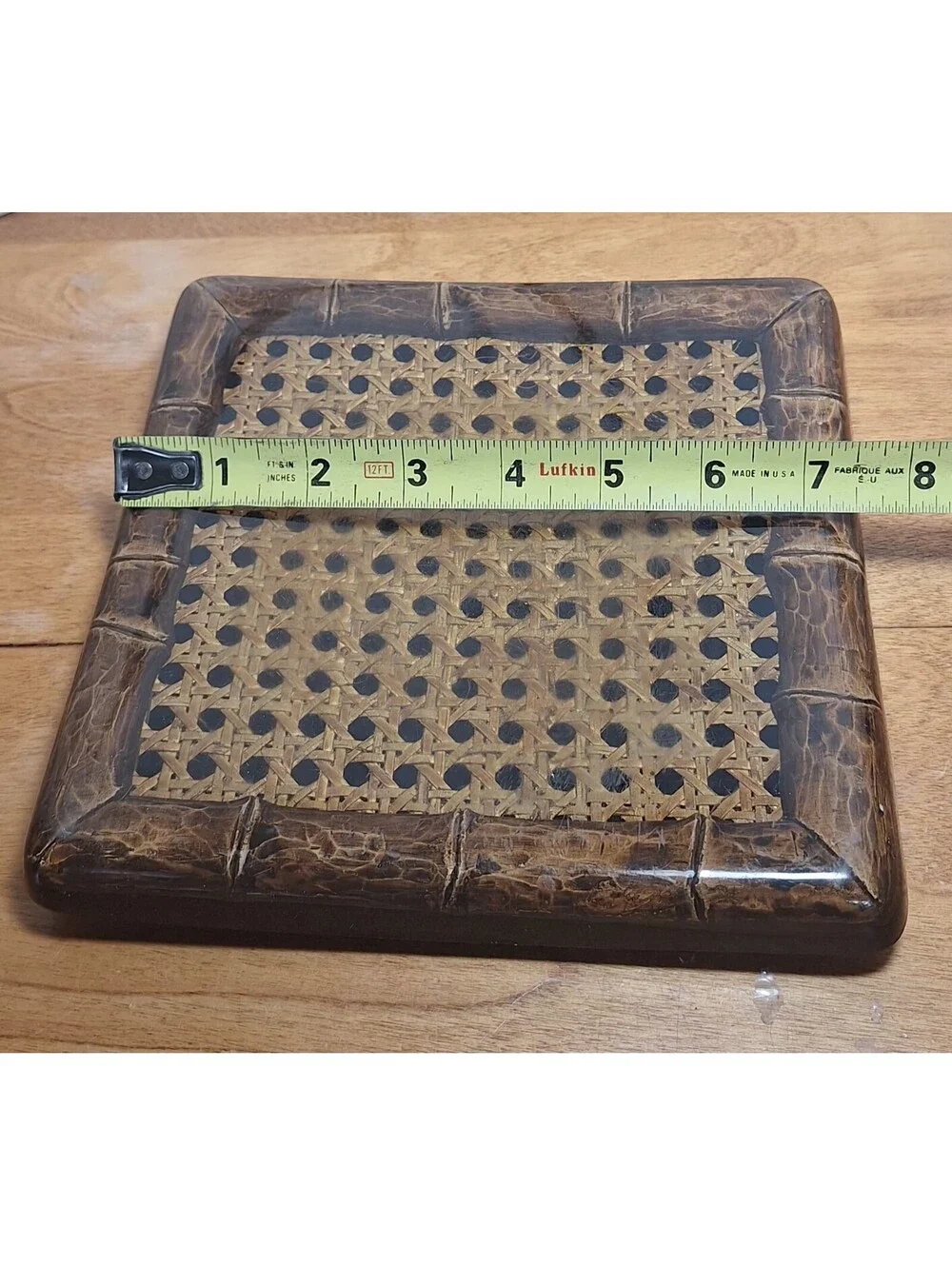 Vintage Acrylic MCM Rattan Wicker Wood Trim Footed Trivet 7.5 X 7.5